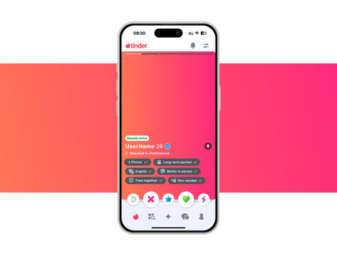 Tinder UI template on a framed layout with highlight color, clean vector elements, and transparent background for dating app interface design mockups.