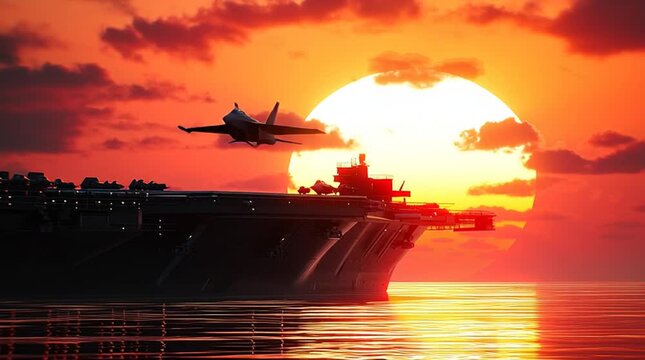 Formaci&oacute;n de aviones de combate sobrevolando un portaaviones en el oc&eacute;ano durante el atardecer, concepto de defensa a&eacute;rea y fuerza naval