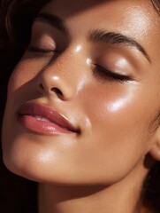 Close-up portrait of a young woman's face. she has her eyes closed and her head tilted slightly to the side. her lips are slightly parted, and she has a subtle smile on her lips.