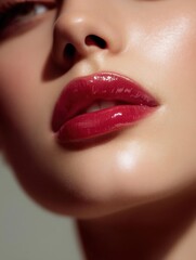 Naklejka premium Close-up of a woman's lips and nose. the focus is on her lips, which are painted with a glossy red lipstick. the lips appear to be full and well-groomed, with a slight smile on her face.