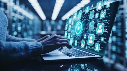 Digital transformation person using laptop with futuristic data management interface in server room - Powered by Adobe
