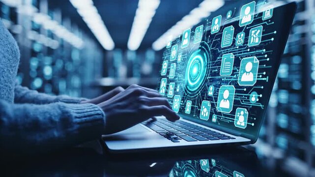 Digital transformation person using laptop with futuristic data management interface in server room - Powered by Adobe