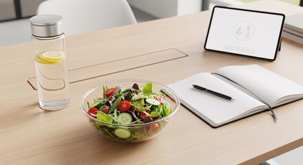 Healthy salad and water bottle on office desk with tablet and notebook.