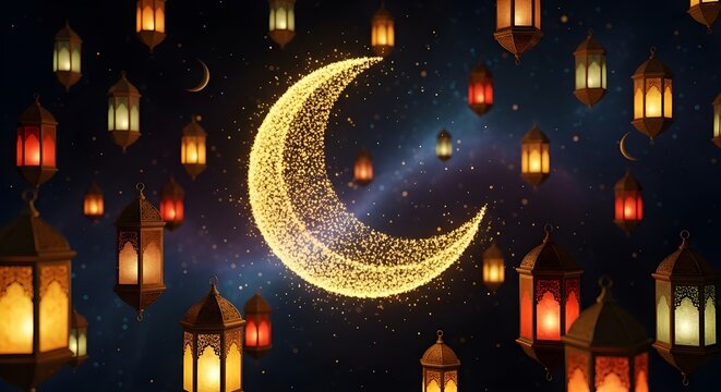 Golden sparkling crescent moon and numerous glowing traditional lanterns illuminating a dark night sky, symbolizing ramadan, eid, or other islamic festivals and celebrations