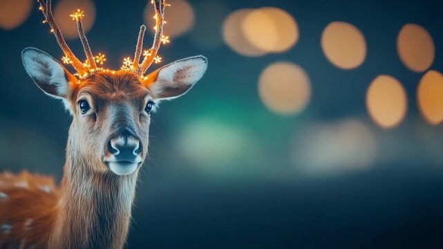 Enchanting Deer Adorned with Lights: A majestic deer, its antlers delicately crowned with twinkling lights, evokes the magic of the festive season.
