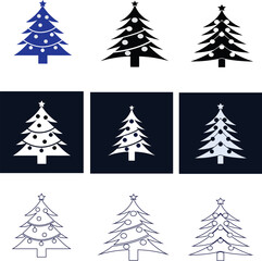 Christmas tree vector icon set in flat, silhouette, outline, and black-background styles. Perfect for holiday templates, winter branding, greeting cards, and festive graphic design.