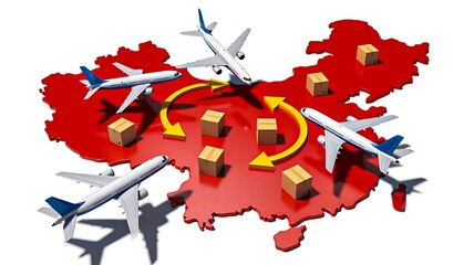 Global air cargo illustration with airplanes shipping packages across country map
