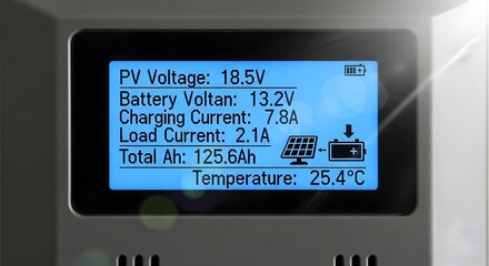 Solar charge controller display shows pv voltage battery voltage and current