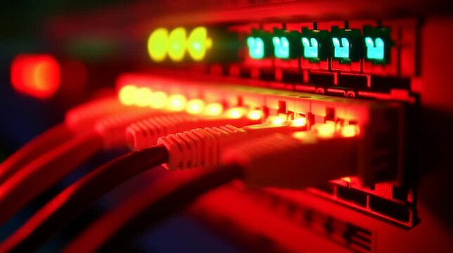 Router y switch de red iluminados en infraestructura tecnol&oacute;gica moderna