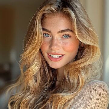 mujer joven rubia con ojos azules sonriendo, concepto de felicidad, frescura y belleza natural