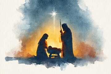 Watercolor illustration showing the silhouette of Nativity scene under the Star of Bethlehem, set against dramatic glowing background of blue night and warm gold light