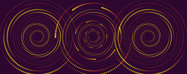 Set of swirling digital circles with golden glow. Futuristic frame of hexagons with light effects. Abstract vortex elements. Vector illustration. EPS 10.