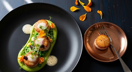 Gourmet seared scallops with pea puree and edible flowers on a dark plate
