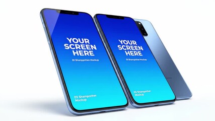 Two modern smartphones with blue screens displaying your screen here text, isolated on white background