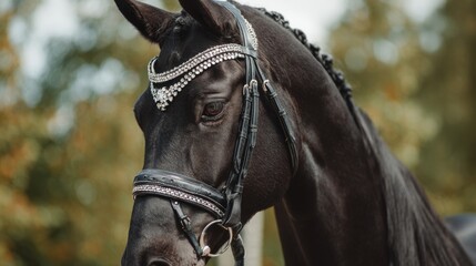 Obraz premium A majestic black horse stands gracefully, wearing an embellished bridle accented with jewels. The scene captures the natural beauty and calmness of the late afternoon light.