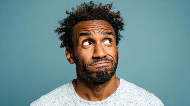 A man with curly hair displays a confused expression while looking upward. The setting features a simple blue background, creating a focus on his emotions and facial features. - Powered by Adobe