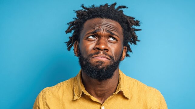 A man with natural curly hair wears a yellow shirt and shows a contemplative look while gazing upwards against a bright blue background, capturing a moment of introspection.