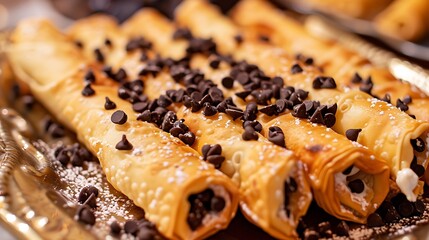 Crispy rolls filled with cream and chocolate chips on a golden tray ready to be served as a dessert