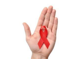 Red ribbon in open palm, symbolizing support, awareness, and solidarity for health causes worldwide