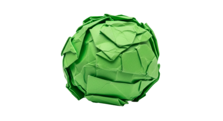 Green paper ball crumpled texture background abstract design art object recycle waste material concept on transparent background