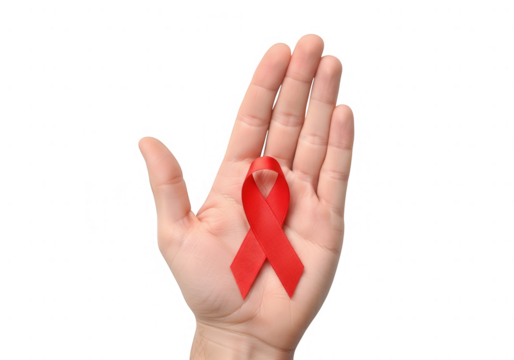 Red ribbon in open palm, symbolizing support, awareness, and solidarity for health causes worldwide - Powered by Adobe