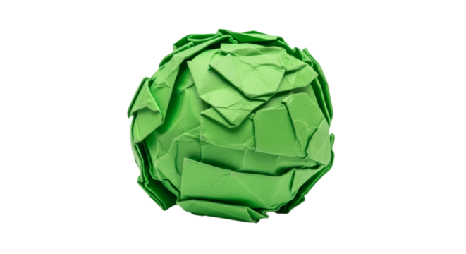 Green paper ball crumpled texture background abstract design art object recycle waste material concept on transparent background