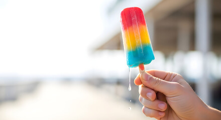 Colorful popsicle held by hand with melting edges on sunny day