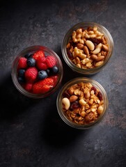 Fototapeta premium Three glass jars filled with granola on a dark textured background. the jars are arranged in a triangular formation, with the largest jar on the left and the two smaller jars on the right.