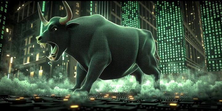 mercado alcista con silueta de toro e indicadores financieros, crecimiento econ&oacute;mico y &eacute;xito en inversiones de bolsa