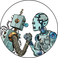 Pop Art Retro Robots fighting each other. Arm wrestling between opposites. Old technologies versus new ones.