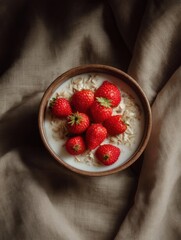 Close-up of a bowl of oatmeal with fresh strawberries on top. the bowl is made of ceramic and is placed on a beige fabric background.