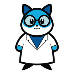 Cartoon cat scientist character in lab coat and glasses doing research