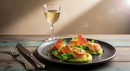 Gourmet seared scallops with pea puree, prosciutto, and white wine