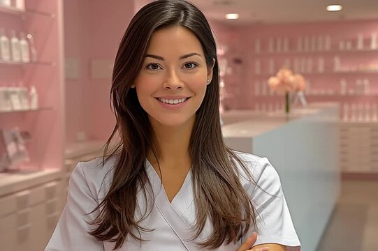 Retrato de joven profesional de la salud sonriendo en cl&iacute;nica moderna, concepto de medicina est&eacute;tica, farmacia y atenci&oacute;n al paciente
