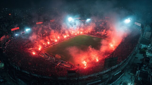 Vibrant red flares illuminate the stadium as thousands of fans cheer passionately during a thrilling football match at night. The electrifying atmosphere is palpable.