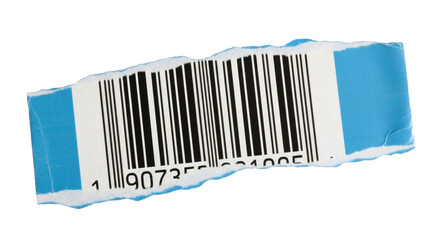 Barcode label product identification scanning retail upc code price tag inventory management blue torn edge on transparent background