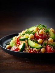 Close-up of a black plate with a colorful salad on it. the salad is made up of quinoa, chickpeas, cherry tomatoes, cucumber, and arugula.