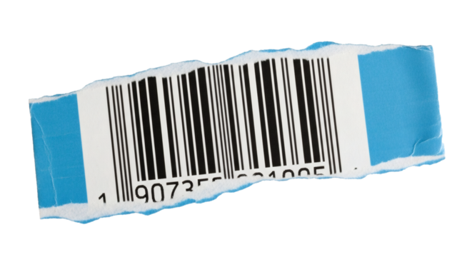 Barcode label product identification scanning retail upc code price tag inventory management blue torn edge on transparent background