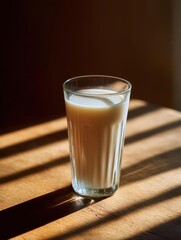 Glass of milk on a wooden table. the glass is tall and slender with a round base and a narrow neck. the milk is a light brown color and appears to be creamy and smooth.