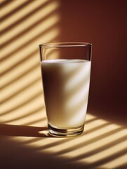 Photograph of a glass of milk on a table. the glass is tall and slender with a round base and a narrow neck. it is filled to the brim with a creamy white liquid, which appears to be milk or yogurt.