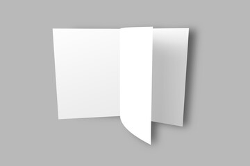 A white, three-panel brochure stands open against a light grey background with soft shadows.Blank white three -panel brochure mockup standing open on a neutral grey background, 3d rendering