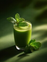 Close-up of a glass filled with a green smoothie. the smoothie appears to be a vibrant green color and is garnished with fresh mint leaves.