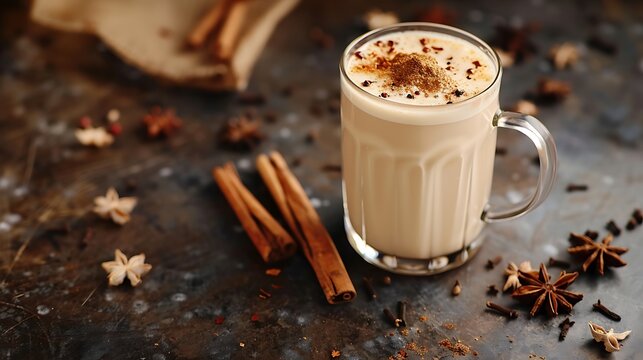 A glass mug of chai tea with cinnamon sticks and star anise on a dark textured surface in soft lighting