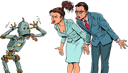 Pop Art Retro People and robots stick out their tongues at each other. Conflict with artificial intelligence. AI replacing professional employees.