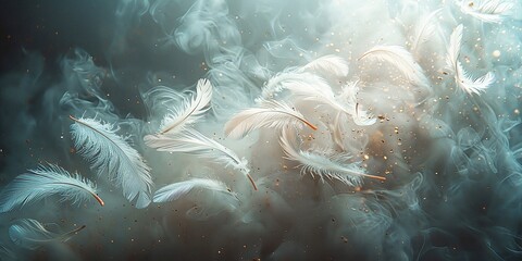  Three-dimensional background illustration with various feathers and down of birds for holiday cards and web development, Generated by AI