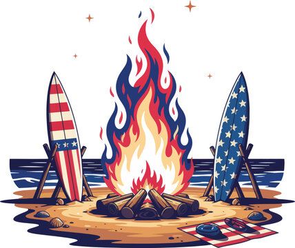 Festive beach bonfire illustration with surfboards and patriotic elements perfect for summer vacation themed designs and independent day celebrations