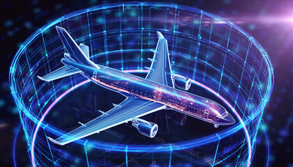 Digital Aviation Blueprint: A high-tech airplane, depicted with digital blueprints, encircled by an energy field, representing future of travel and technology. 