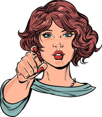 Pop Art Retro Woman points with index finger. Woman helps to navigate on the spot. Choose new opportunities in business.