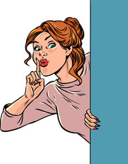 Pop Art Retro A woman is giving a sign to be quiet. A profitable, secretive business proposition. Keeping a secret or hiding something.