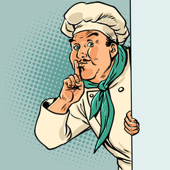 Pop Art Retro The chef signals for quiet. New food delivery menu. The secret ingredient in the restaurant's food.